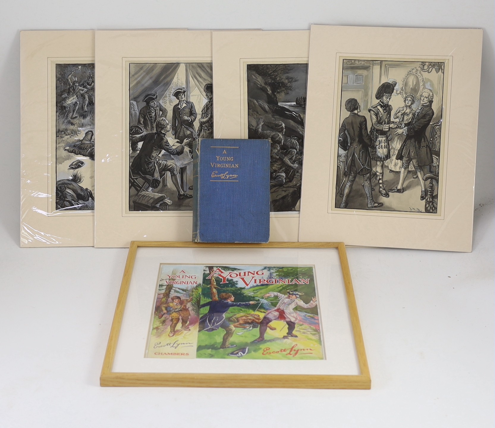 Original Artwork - John Riddle Burgess (1886-1966) - A set of four en grisaille illustrations for A Young Virginian, together with the original coloured artwork for the cover, by Escott Lynn, signed monograms, 28 x 21cms